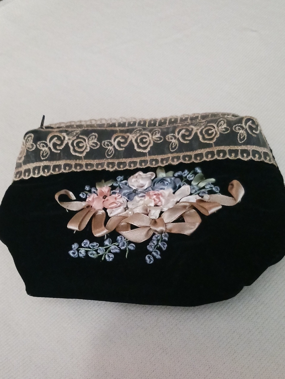 Embroidered Black Velvet Floral Clutch with Satin Ribbon Accents